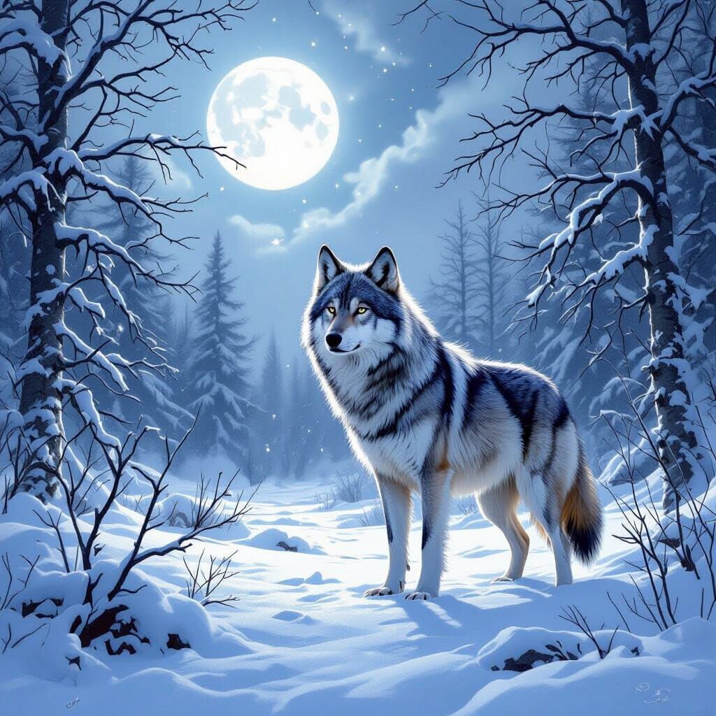 Majestic Wolf in Snowy Forest Under Ethereal Moonlight