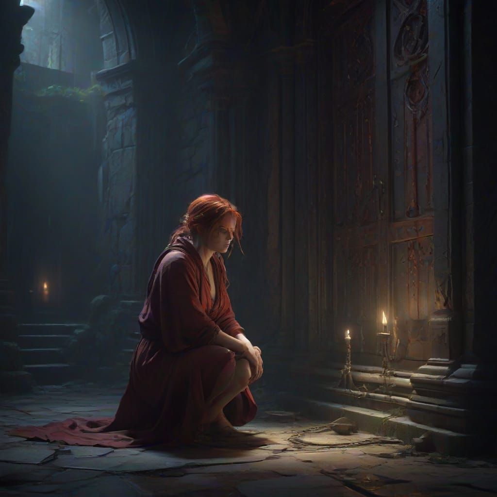 Dark Fantasy Masterpiece: Red Haired Woman in Tattered Robes