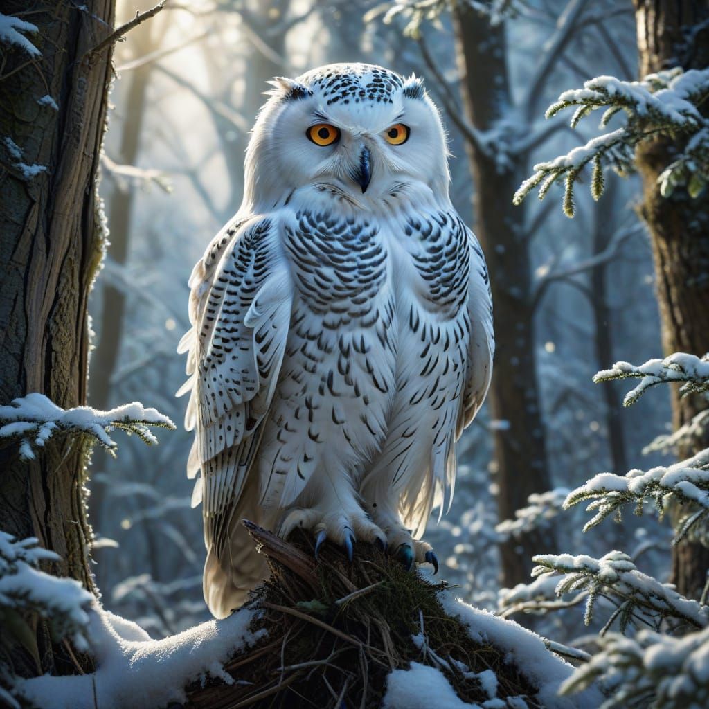 Photorealistic Snowy Owl Camouflaged in Frosty Forest