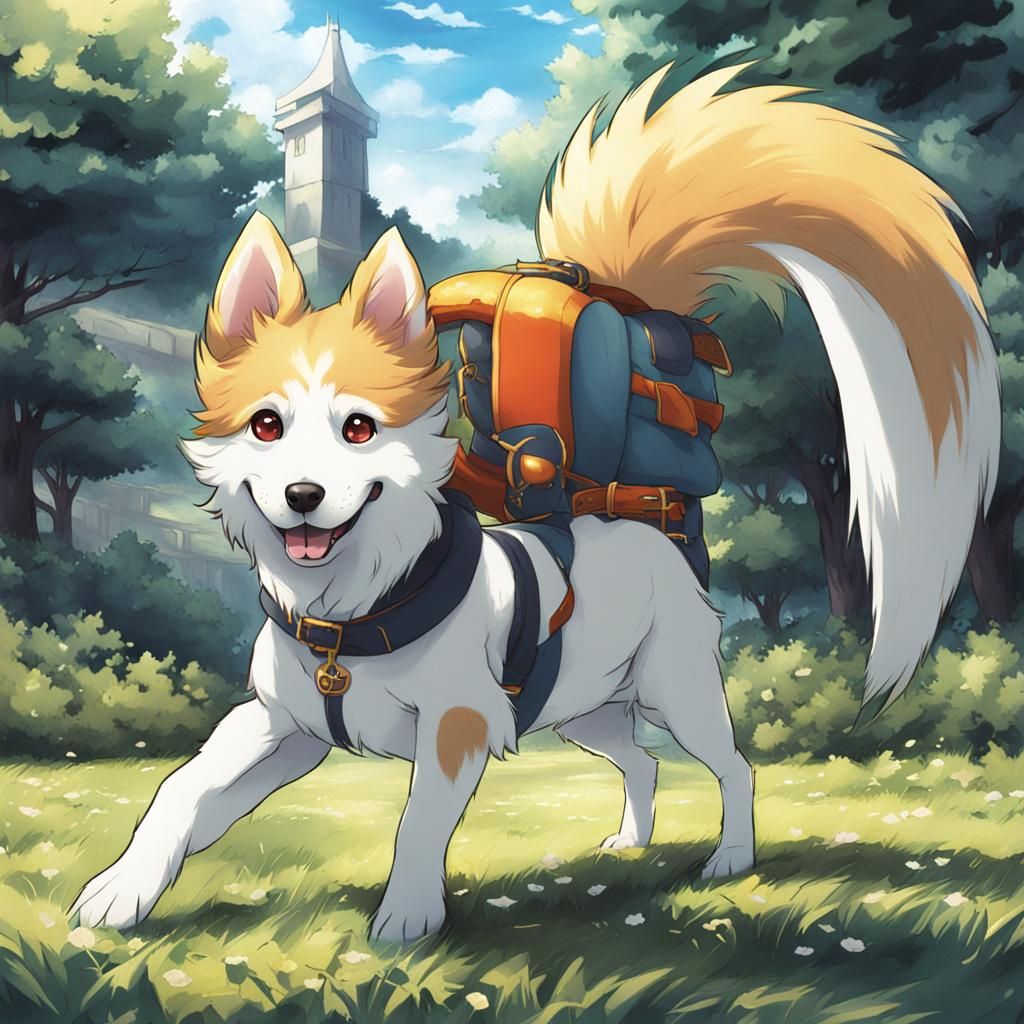 Dog with Long Tail in Anime Style