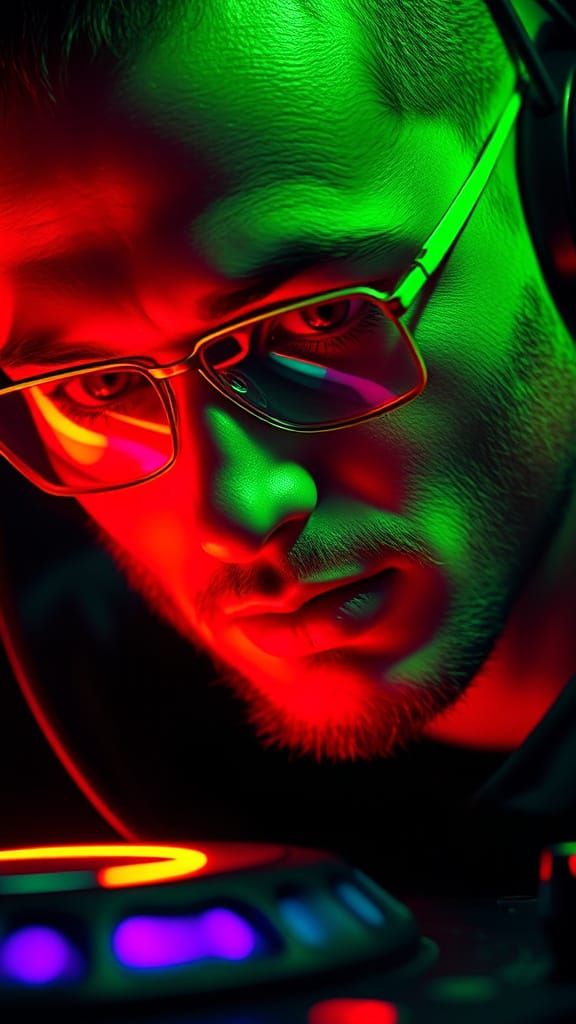 Monochromatic Neon Portrait of a DJ