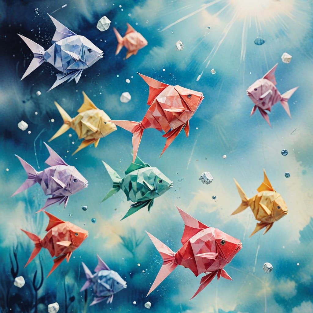 Origami Fish in Watercolor Sky: Surreal Dreamscape