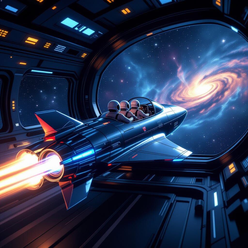 Retro-Futuristic Rocket Blasts Through Cosmos in 1960s Sci-F...