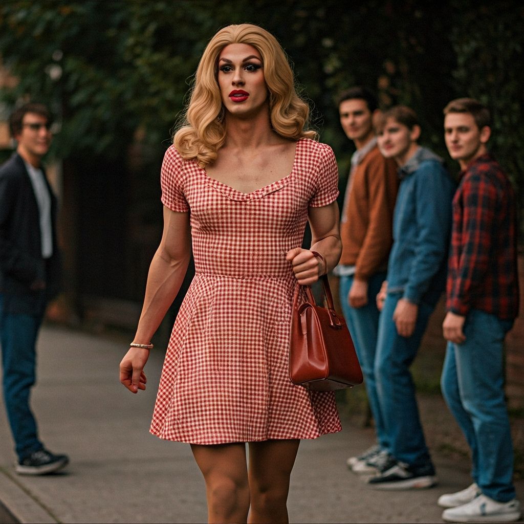 1950s Crossdresser Walks Sidewalk with Apprehension