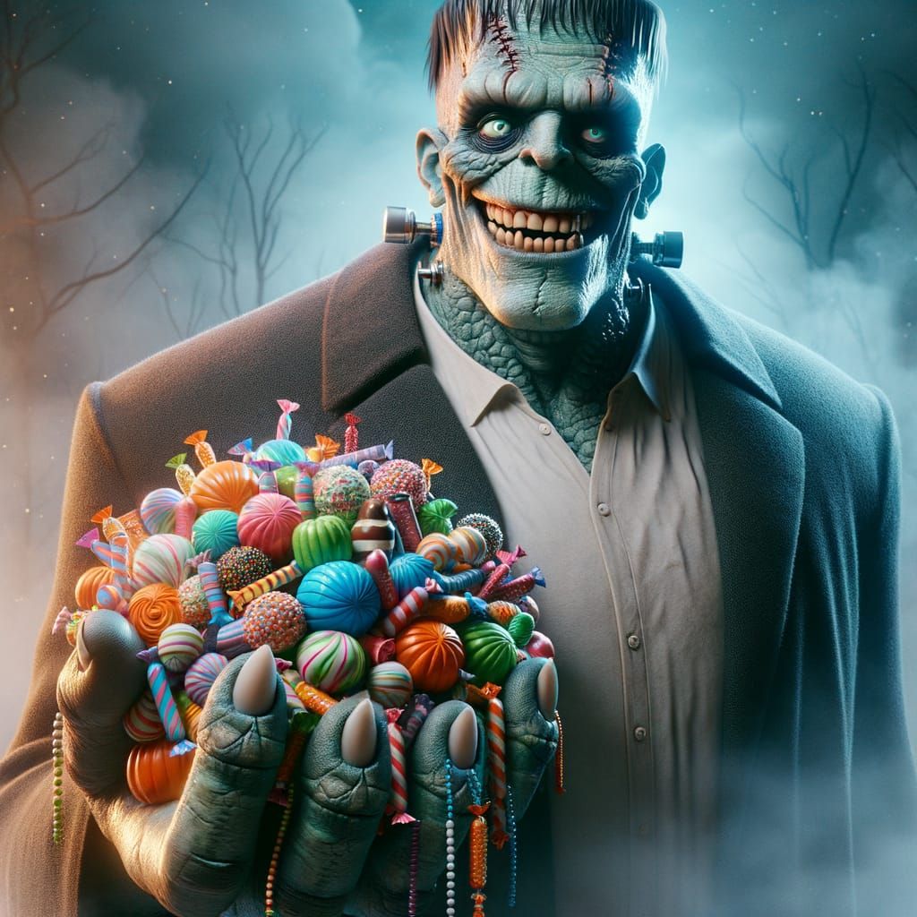 Monster with Sweets in Misty Halloween Ambiance