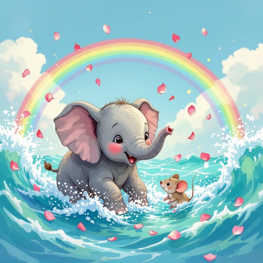Elephant and Mouse Play in Rainbow Ocean, Watercolor Style