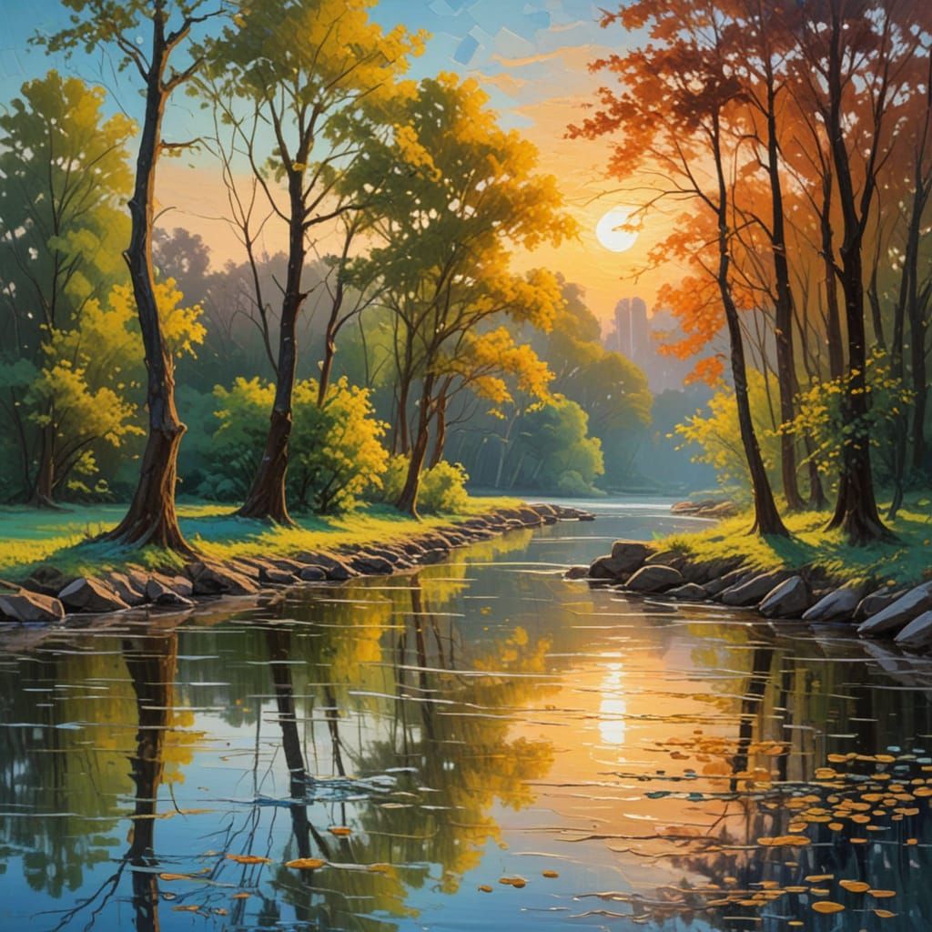 Golden Hour River Park Oil Painting