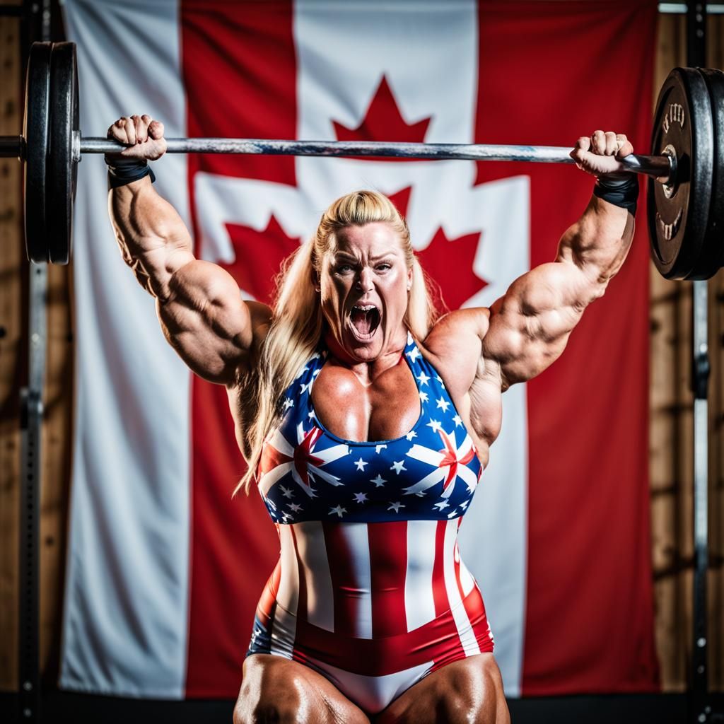 Strong Plus Size Female Bodybuilder in Canadian Flag Swimsui...
