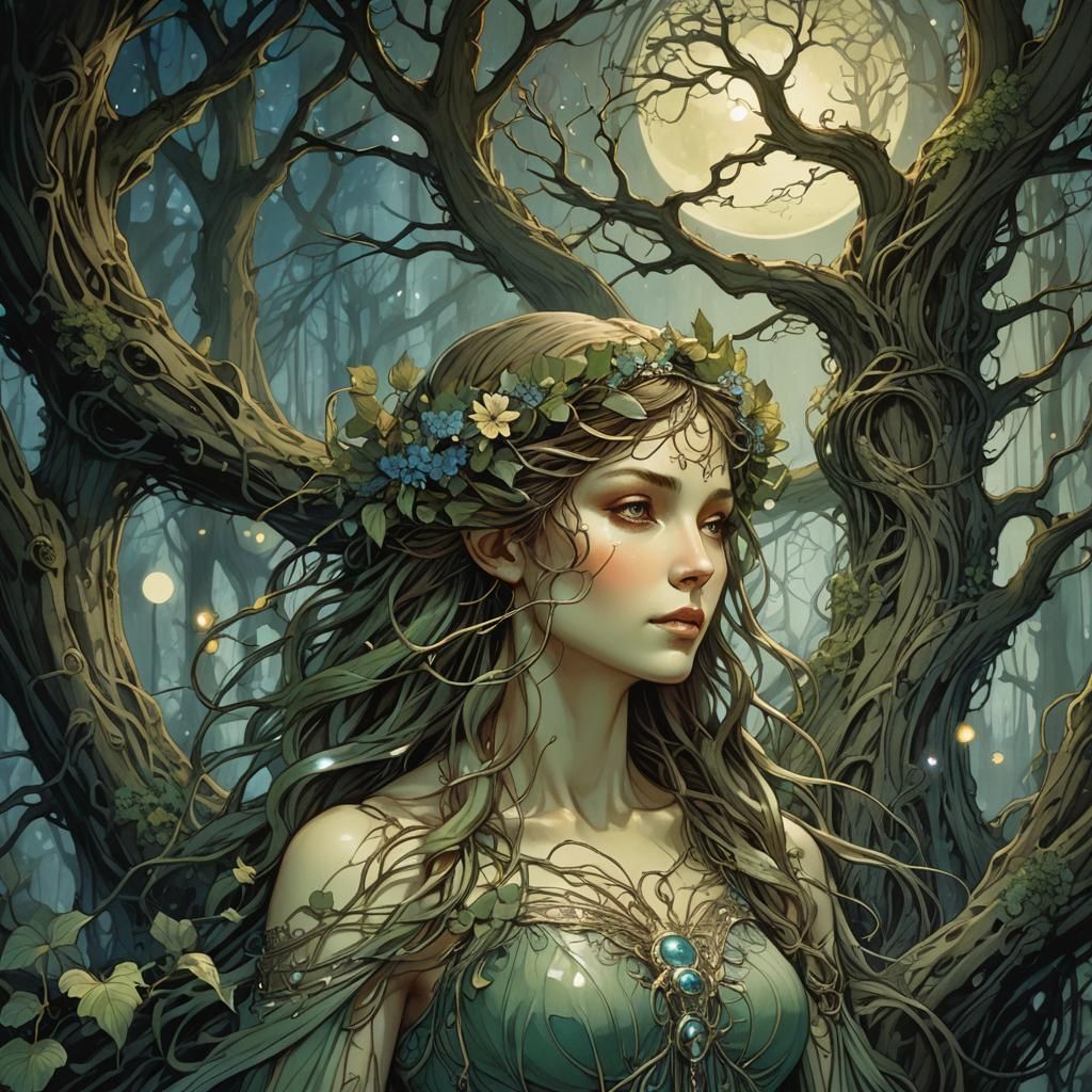 Mystical Dryad in Luminescent Forest: Art Nouveau Illustrati...