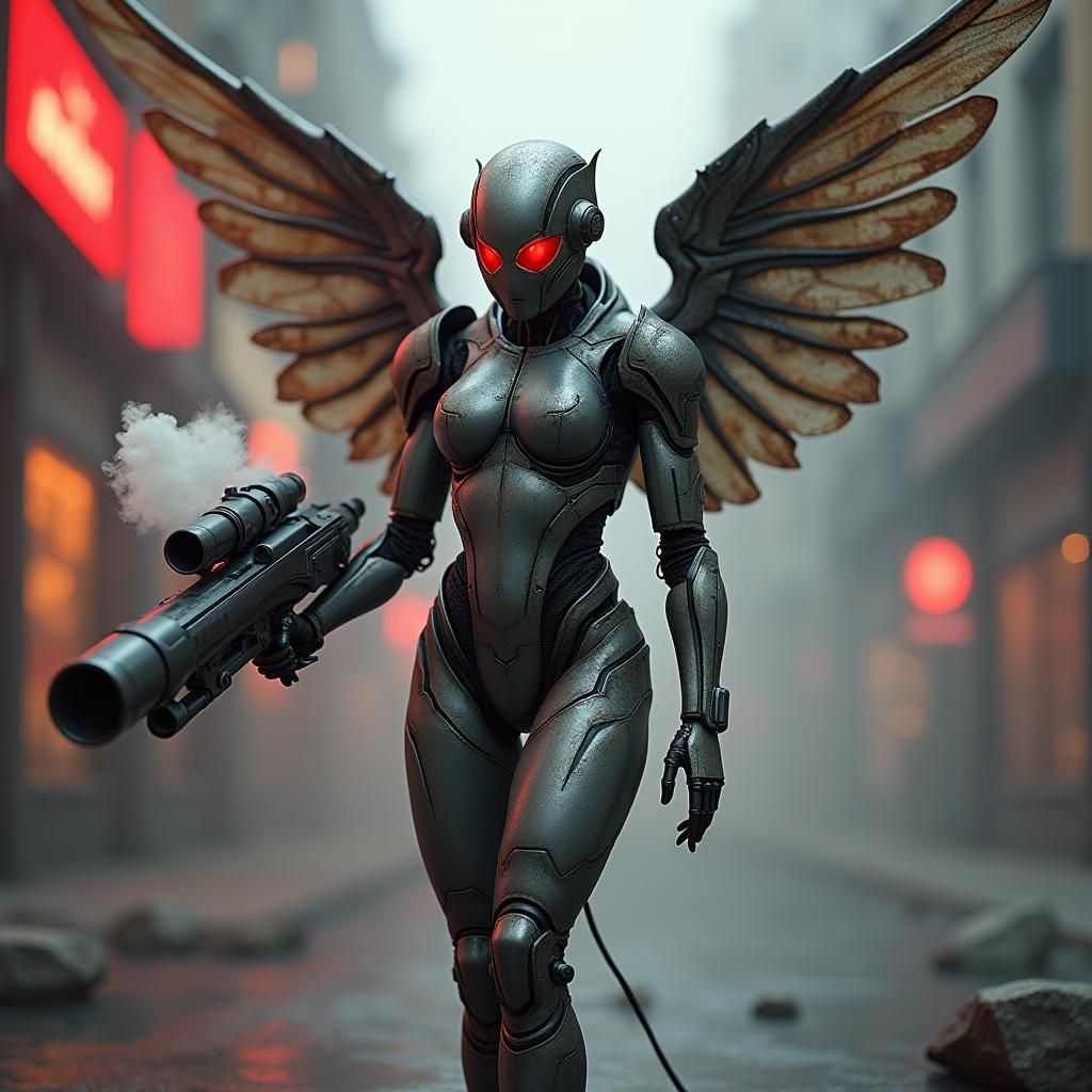 Cyberpunk Guardian in Mechanical Armor with Laser Cannon