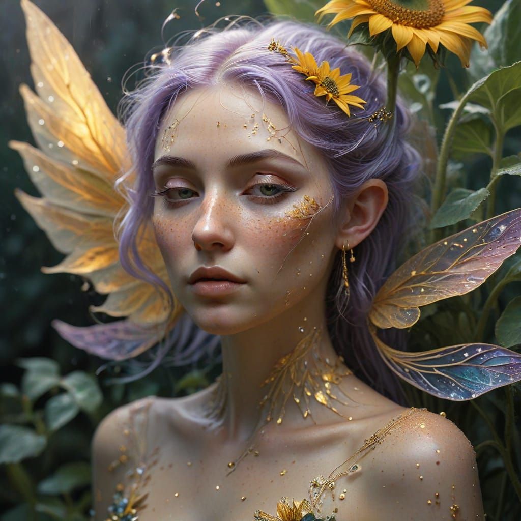 Surreal Elf Maiden Slumbers on Sunflower in Warm Golden Ligh...