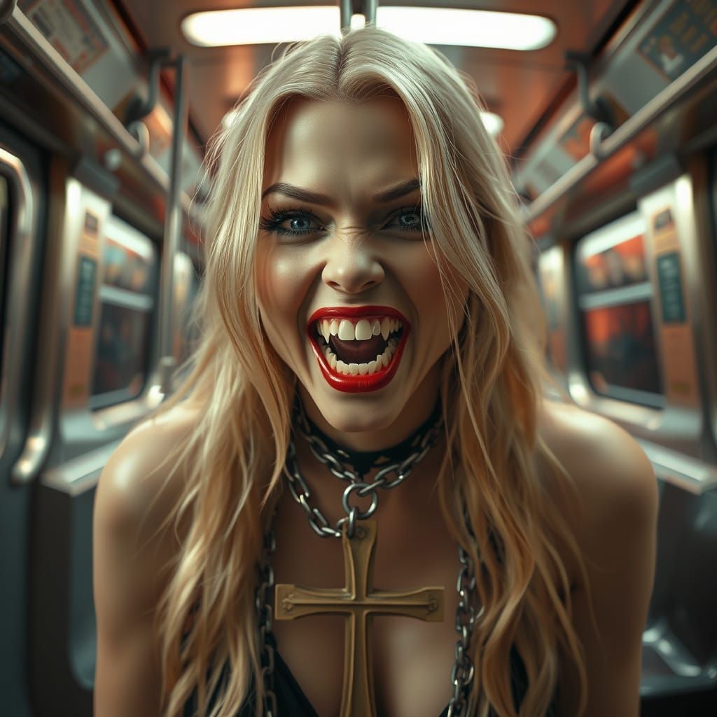 Seductive Vampire Woman in Hyper-Surrealistic Subway Scene