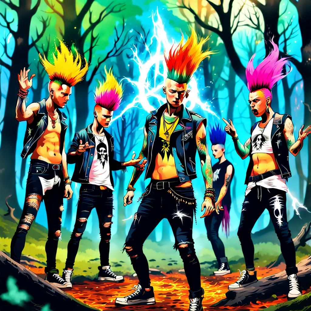 Punk Sorcerers Conducting Ritual in Enchanted Woodland
