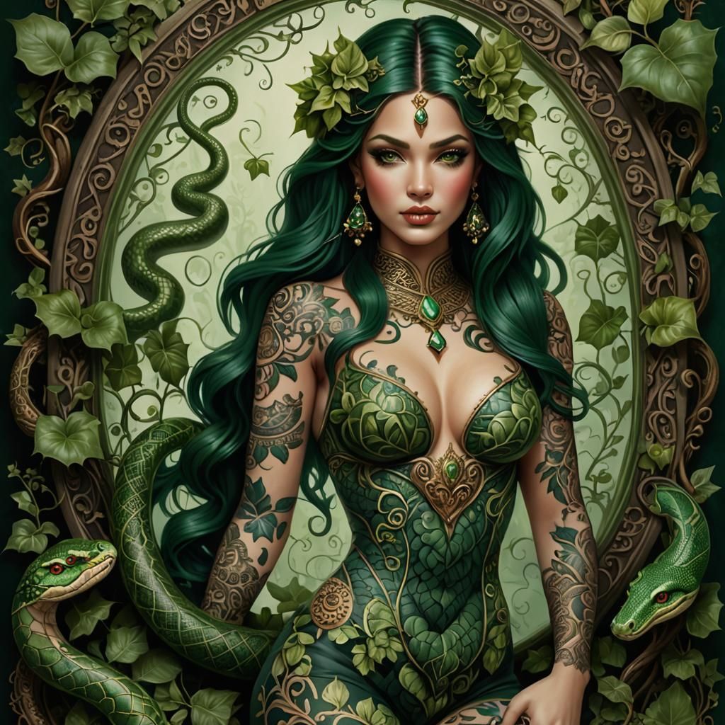 Ivy Tattooed Beauty in Emerald Green Oil Painting