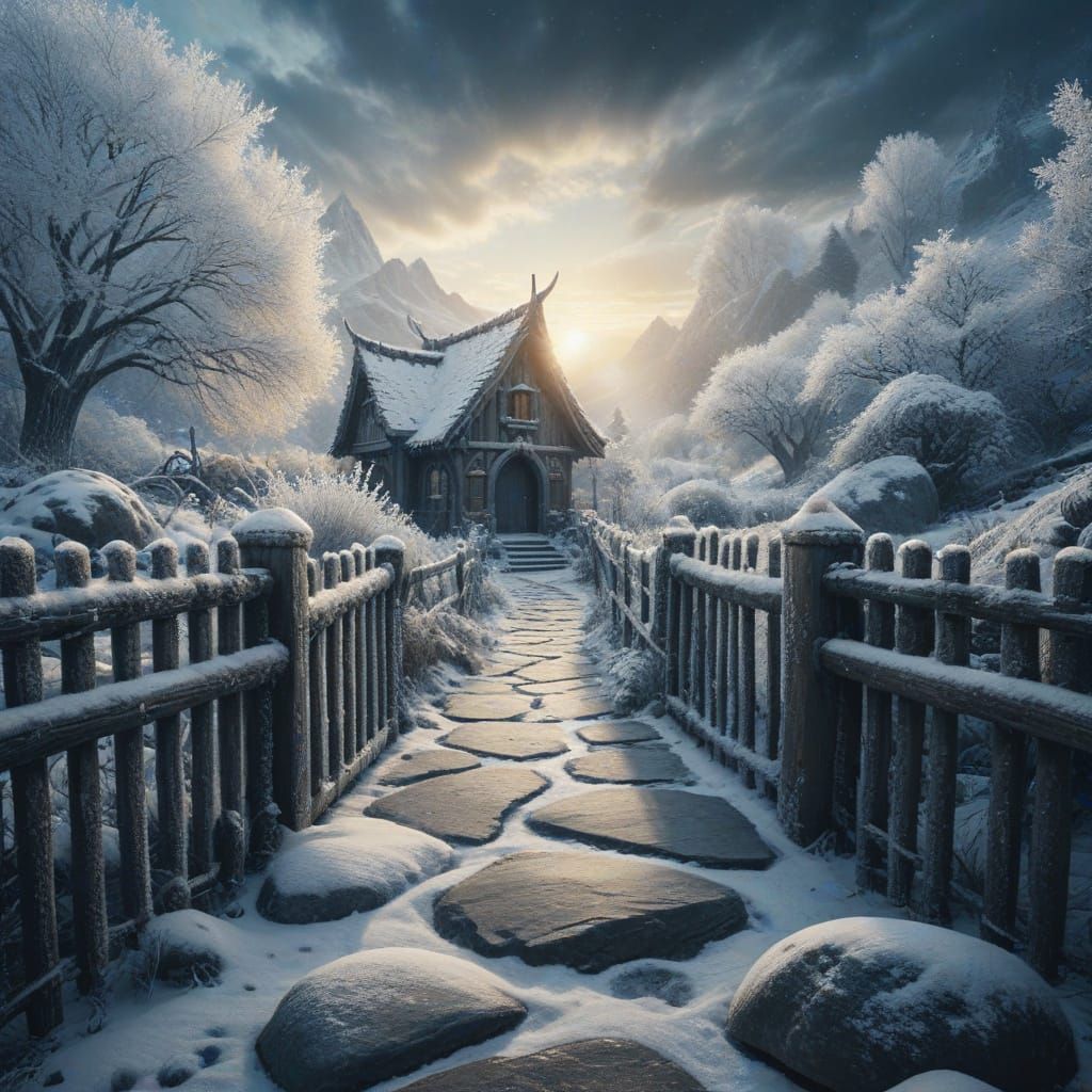 Surreal Winter Wonderland Through a Wooden Fence