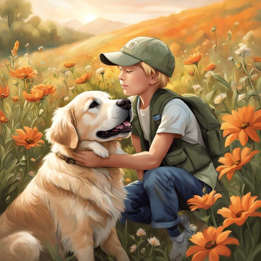 Boy and Golden Retriever Embrace in Wildflower Field