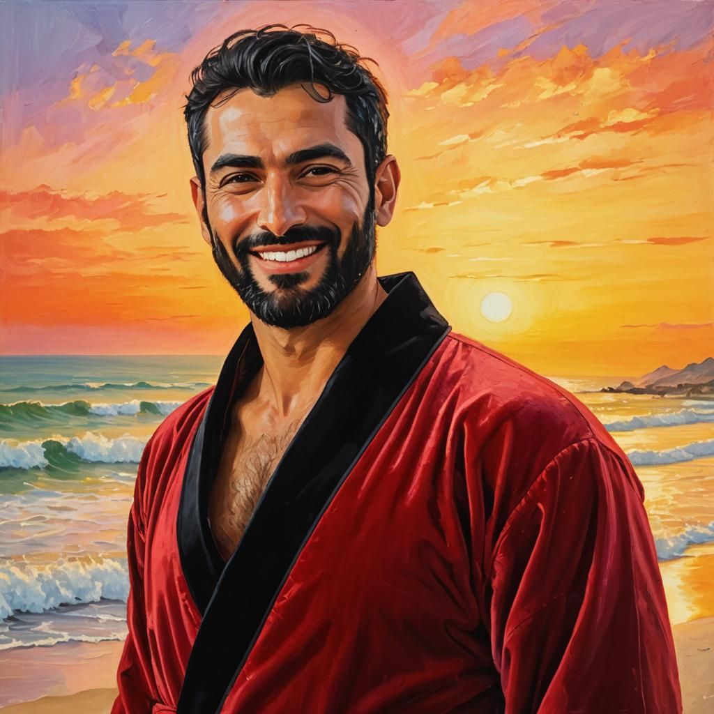 Bearded Man in Red Bathrobe, Neo-Expressionist Oil Painting