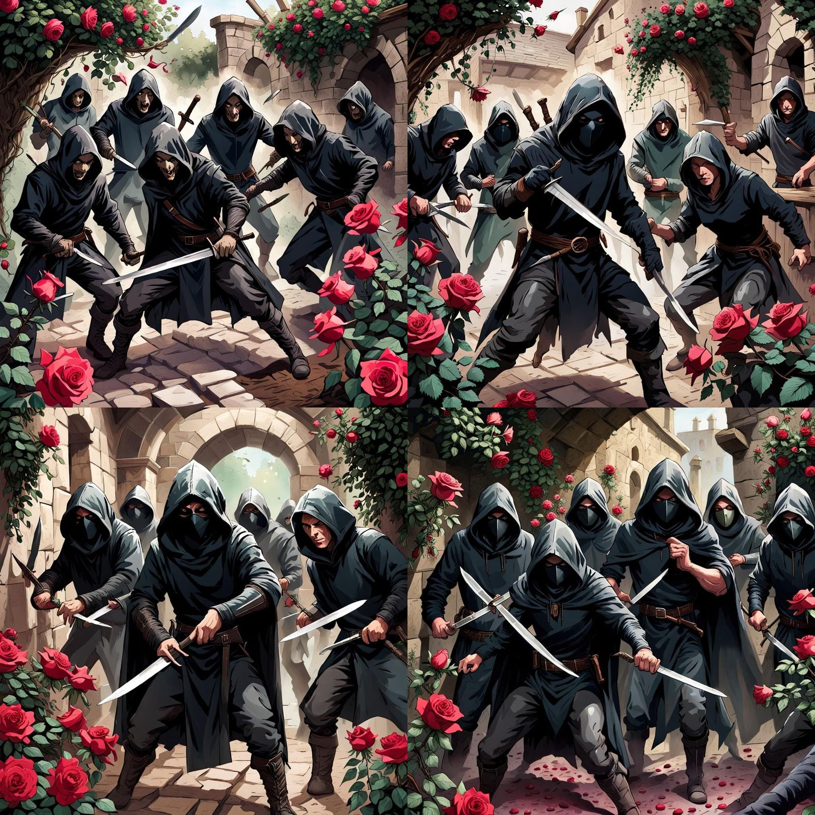 Agile Assassins Fight Rose Bush in Dank Cellar
