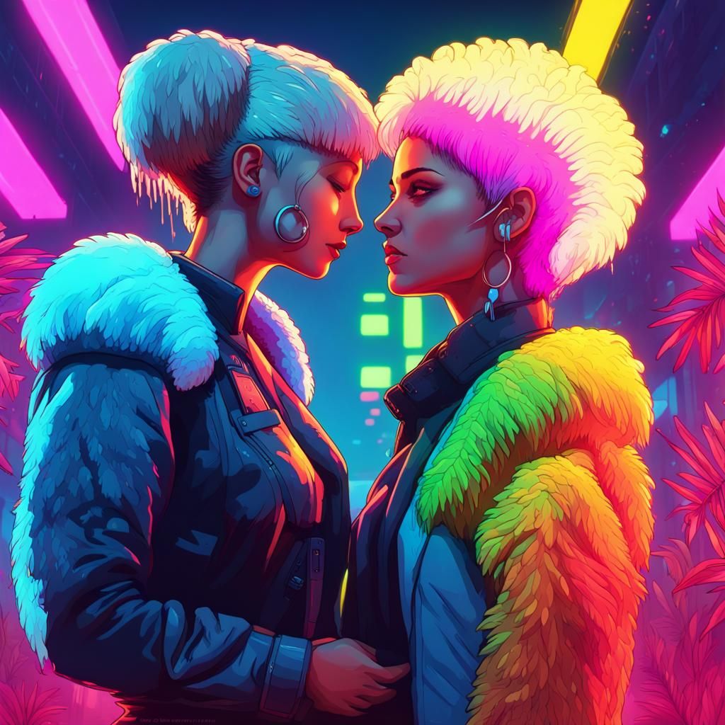 Surreal Cyberpunk Kiss Between Humanoid Sheep