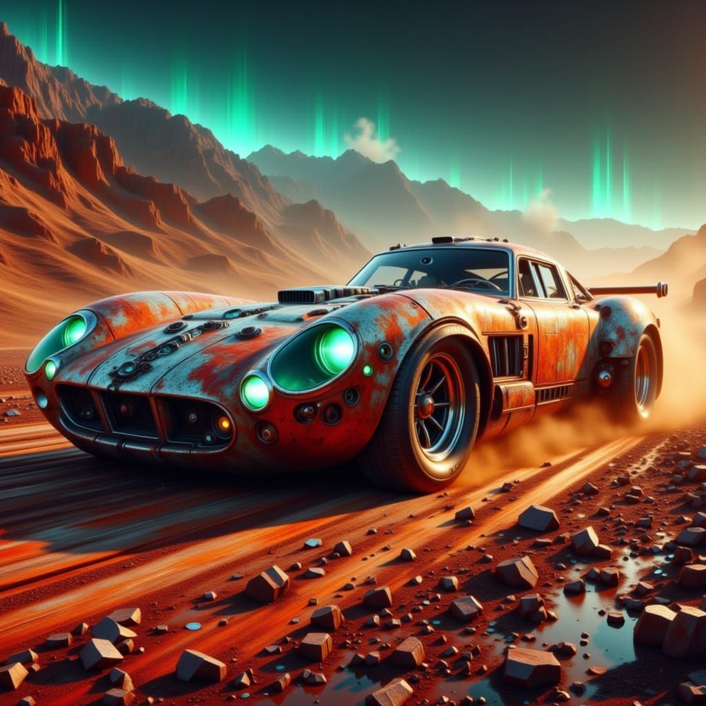 Bioluminescent Race Car Drifting with Weathered Patina