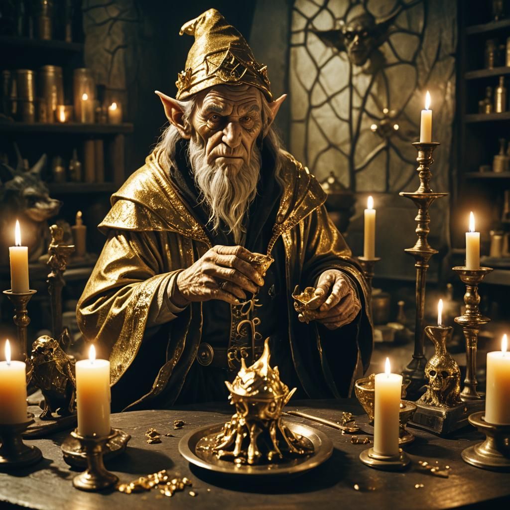 Elf Wizard's Alchemy Mishap: Gold Imp Statue