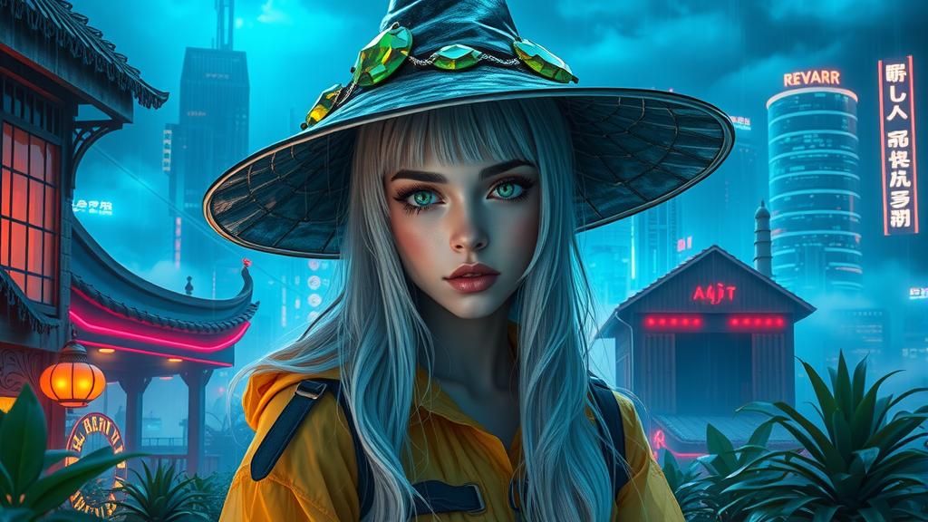 Mystical Witch with Emerald Eyes in Cyberpunk Harbor