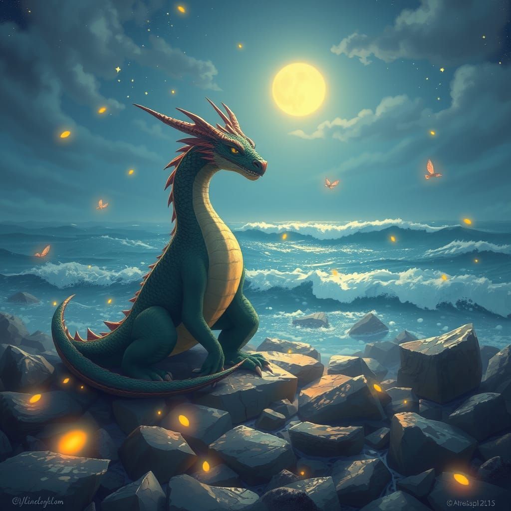 Dragon on Shoreline Under Summer Night Sky