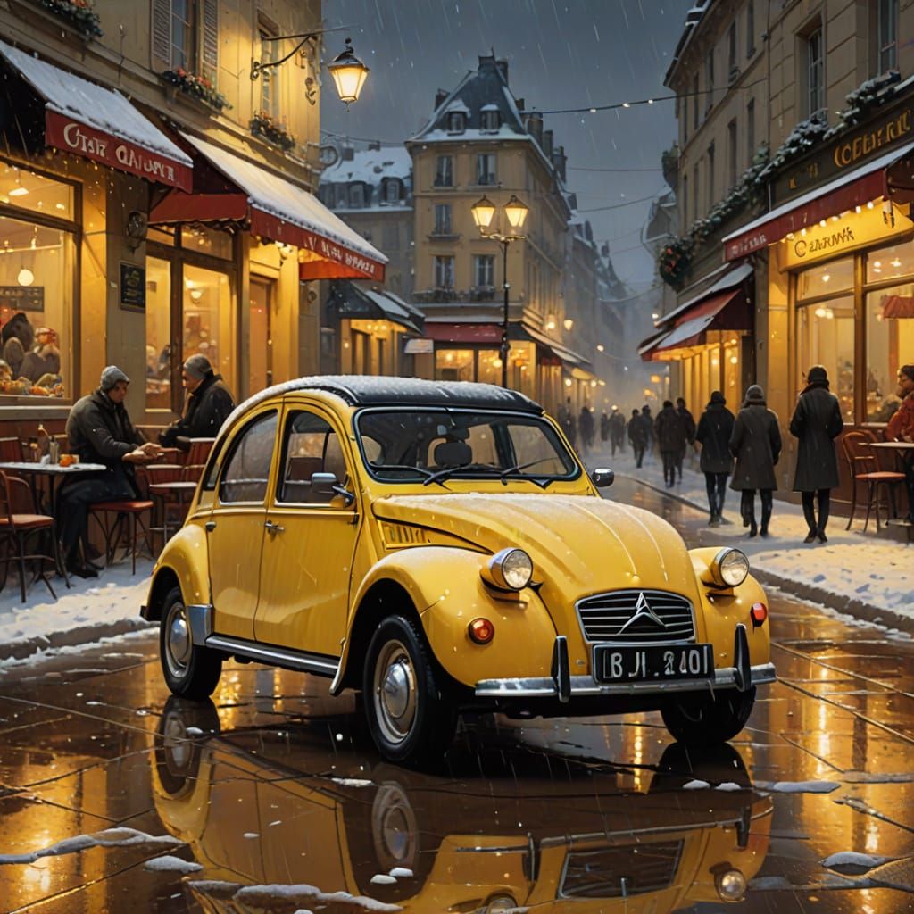 Yellow Citroën 2cv at French Cafe on Christmas Night