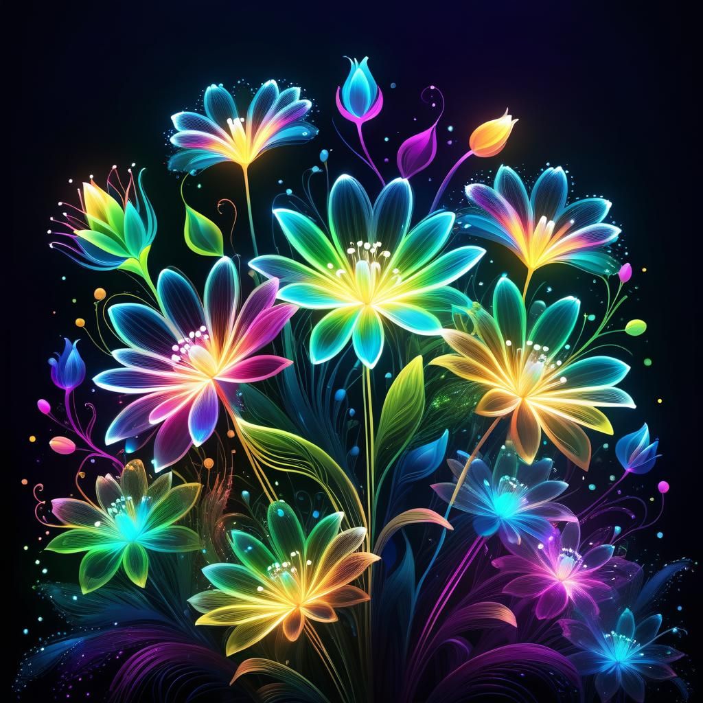 Glowing Neon Flower Bouquet in Surreal Style