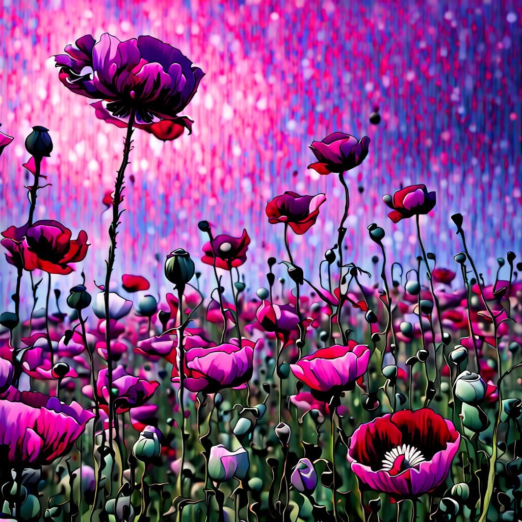 Opium Poppies Field at Twilight