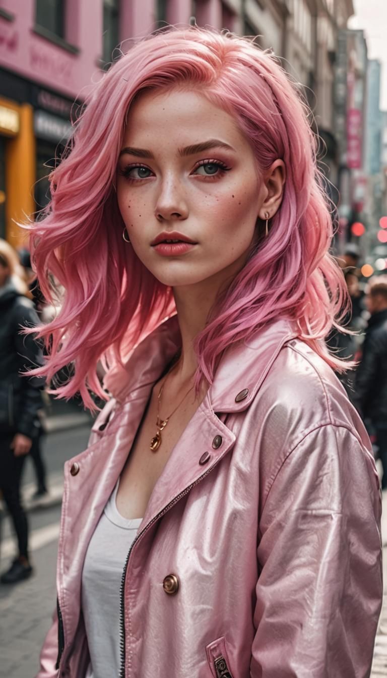 Stylish Pink-Haired Woman in Hyper-Detailed Street Scene