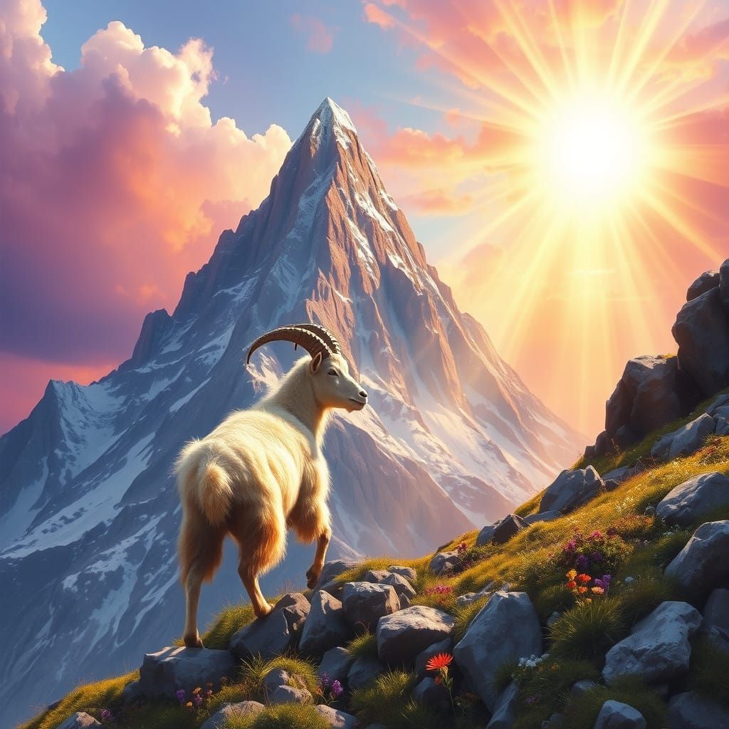 Ethereal Mountain Landscape with Majestic Goat