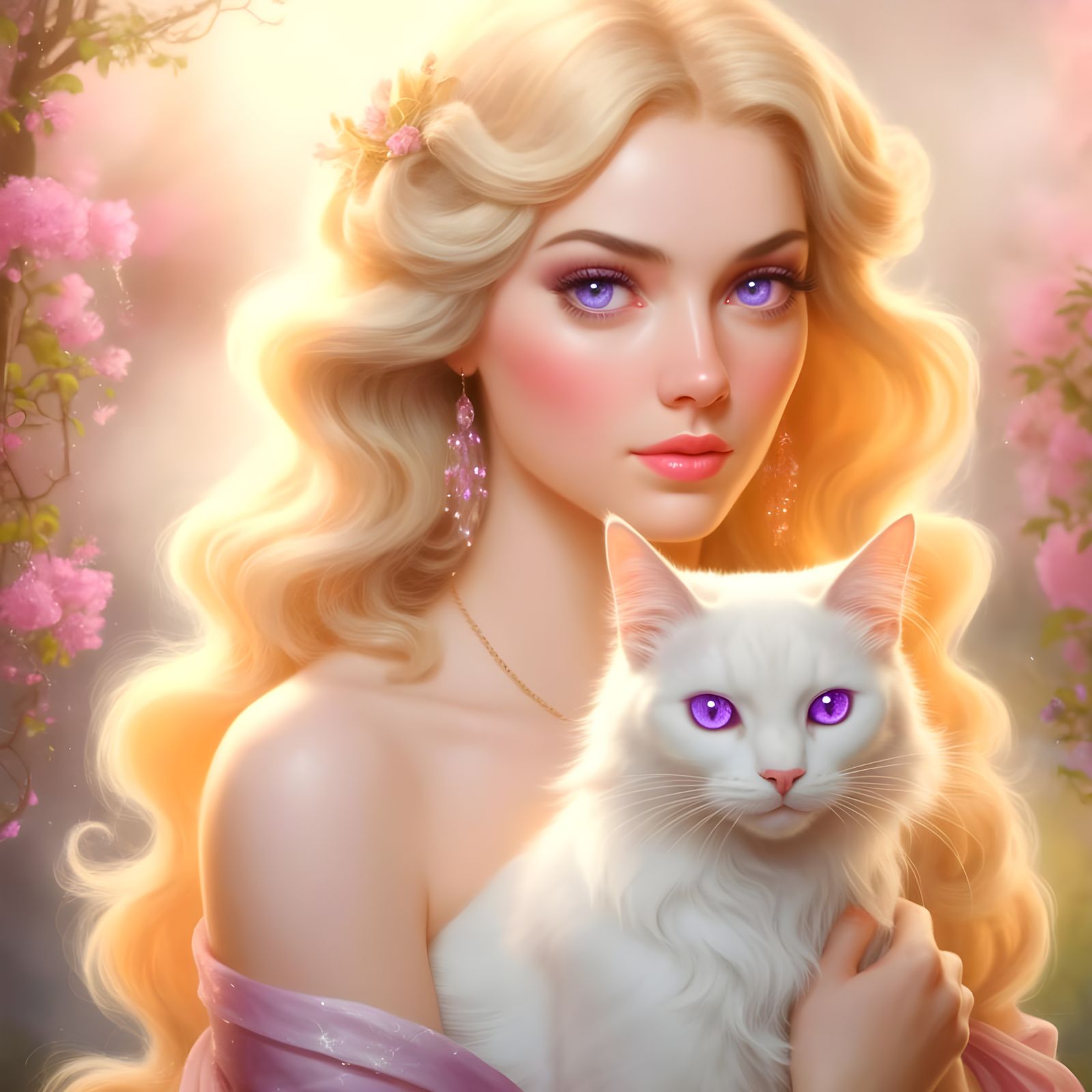 Ethereal Woman and Cat with Purple Eyes