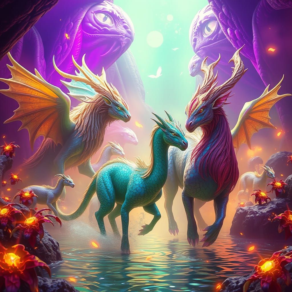Ethereal Creatures in Enchanted Menagerie with Vibrant, Glow...