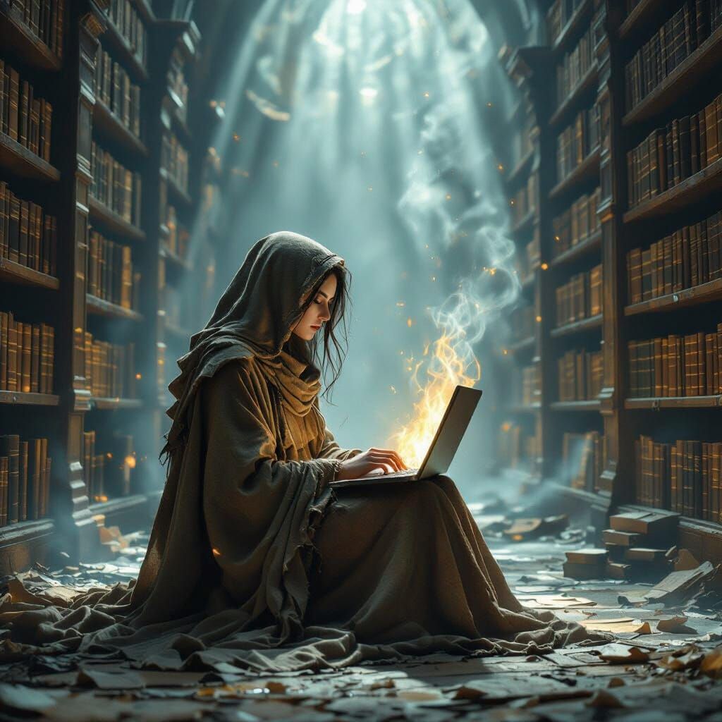 Mystical Library: Woman and Laptop in Dark Fantasy Style