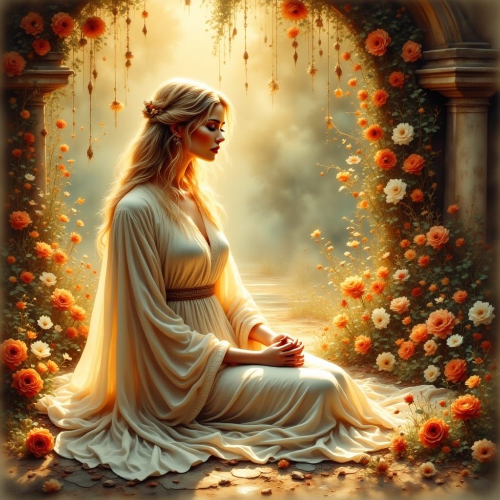 Woman Kneeling Before Jesus in Antique Watercolor Style