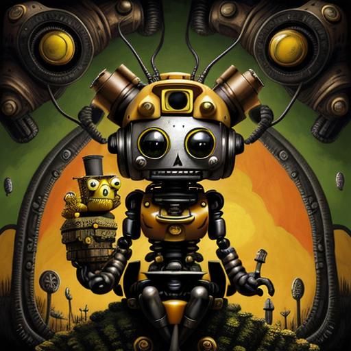 Robot on a Hill in Pop Surrealist Style