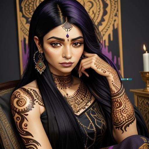 Henna Tattooed Woman in Vibrant Oil Painting