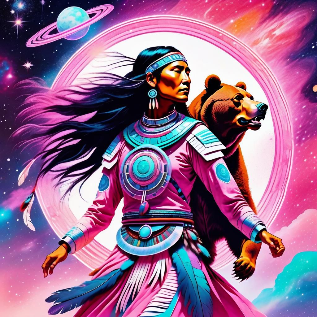 Native American Warrior Dances with Bear in Space