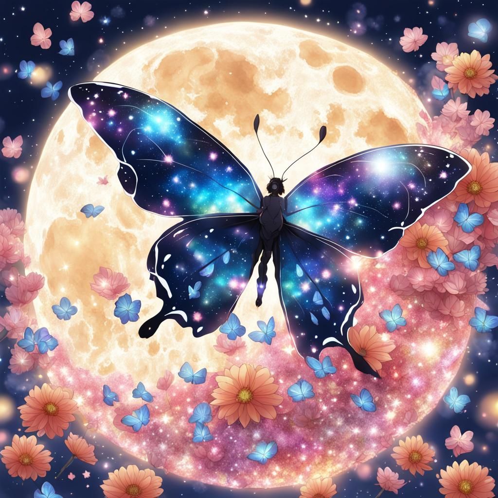 Cosmic Butterfly on Moon Petal in Anime Style