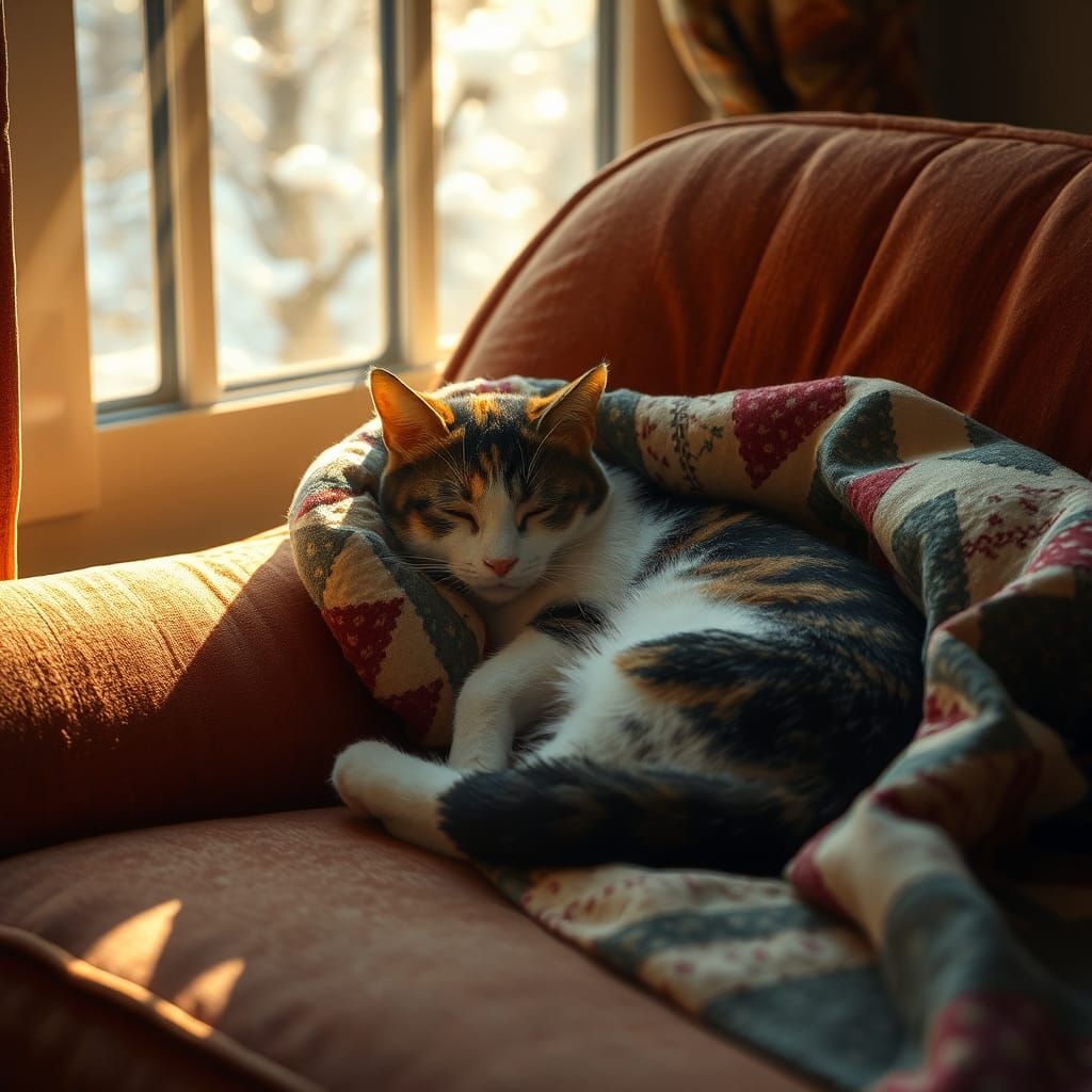 Calico Cat Napping in Winter Sunlight as Matte Painting