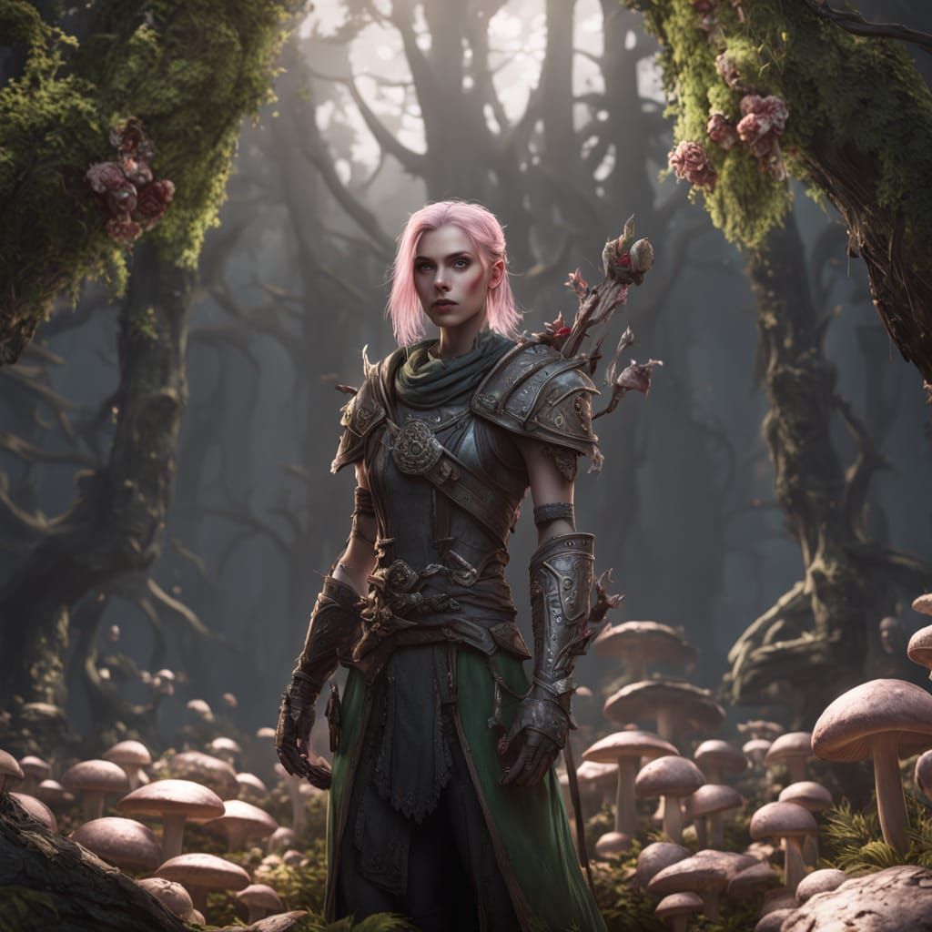 Wood Elf Cleric with Pale Pink Hair in Dark Forest