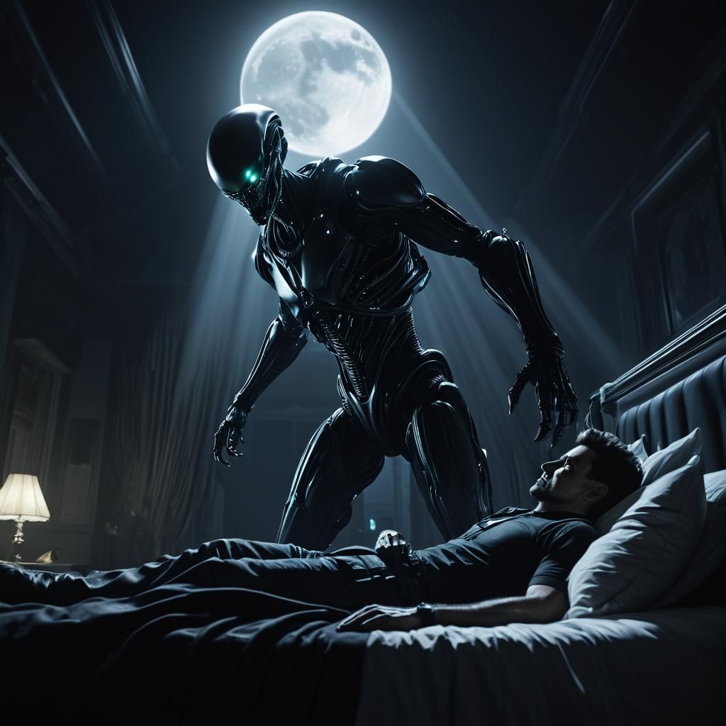 Eerie Encounter: Man and Alien in Dark Bedroom
