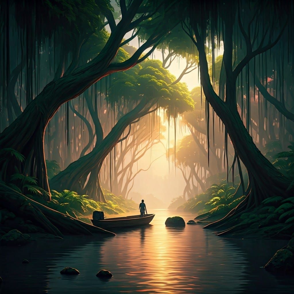Ethereal River Forest at Sunset with Lonely Boat