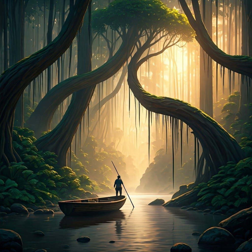 Misty Orinoco River Forest at Sunset