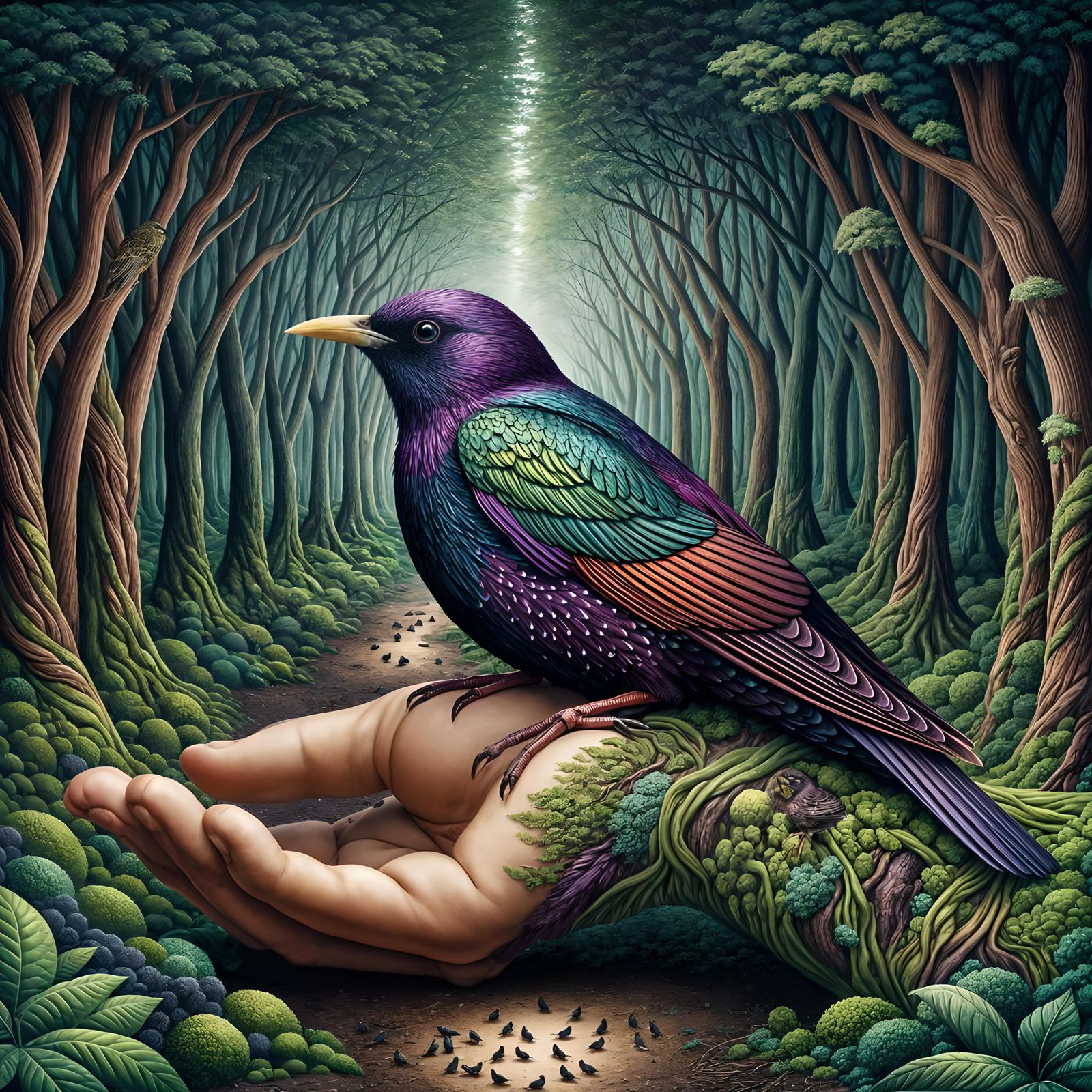Plum-Colored Starling in Detailed Forest, Airbrushed Style