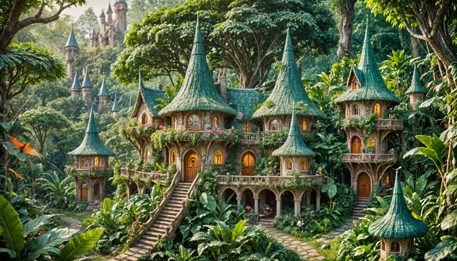 Elven Cottage in Jungle with Colorful Birds