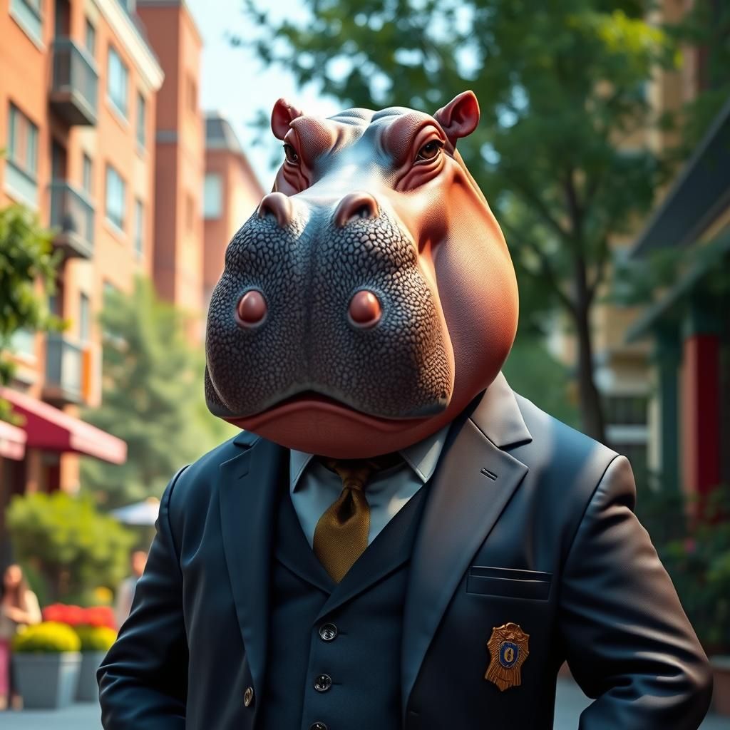 Hippo in Secret Service Suit on Campus