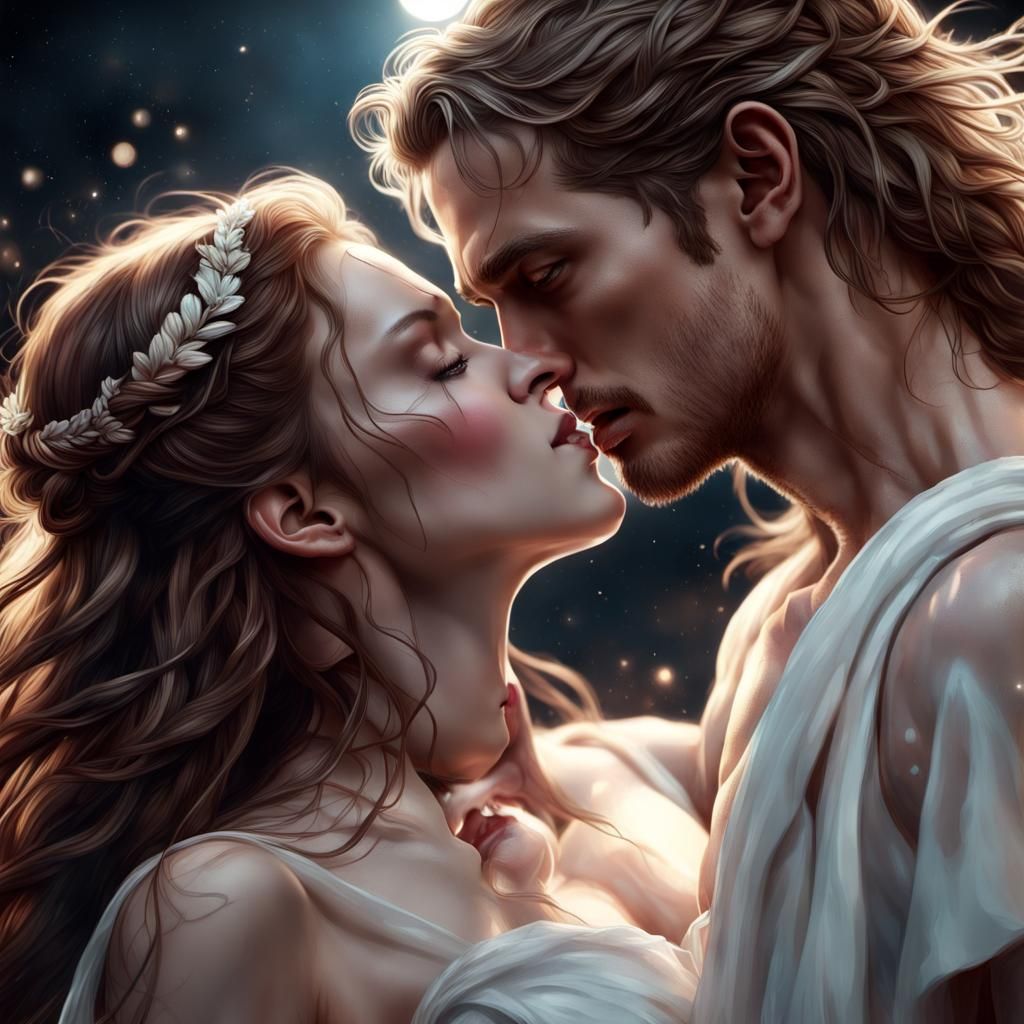 Romantic Couple Kiss Under Moonlight in Fantasy Art Style
