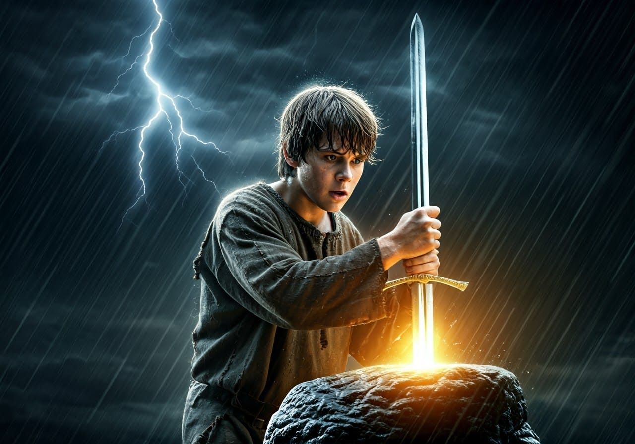 Arthur Pulls Excalibur in Torrential Storm